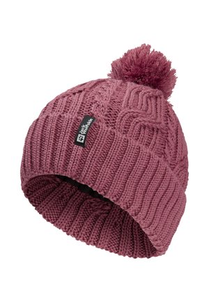 Strickmütze in Pink mit einem gerippten Textur und abgerundetem oberen Teil. Mit einem Pompon und einem kleinen LOGO-Tag an der Seite.