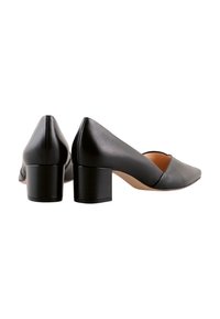 Black leather block-heeled shoes with a pointed toe and a low-cut vamp, featuring a smooth texture and a simple design.