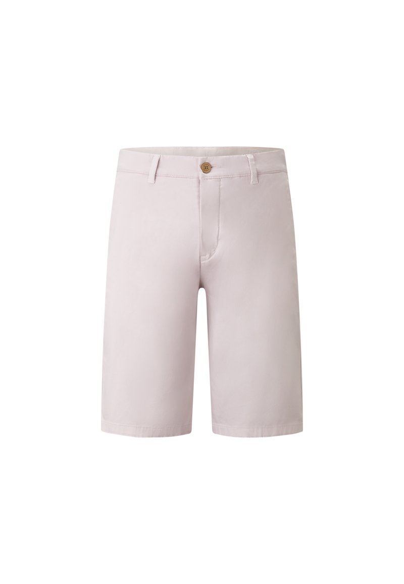 Helle rosa Shorts aus Baumwolle mit Knopfverschluss, Gürtelschlaufen und glatter Textur. Knie-langes Design im minimalistischen Stil.