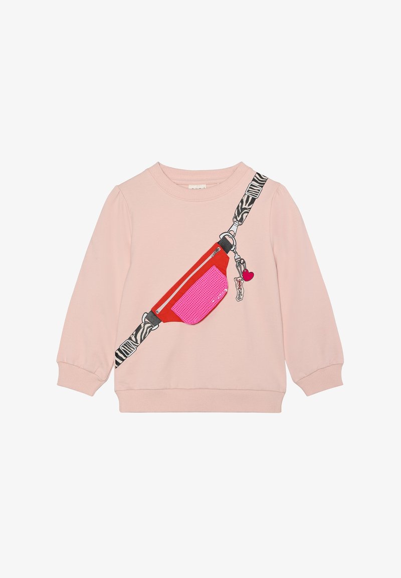 Sweat-shirt rose présentant un motif graphique d'une ceinture-pochon rouge avec une poche en sequins roses, complété par une bandoulière rayée noir et blanc.
