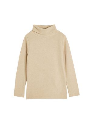 Beige pusero turtleneck valmistettu pehmeästä, teksturoidusta kankaasta. Siinä on pitkät hihat ja rento istuvuus taitetulla kauluksella. Yksinkertainen muotoilu.