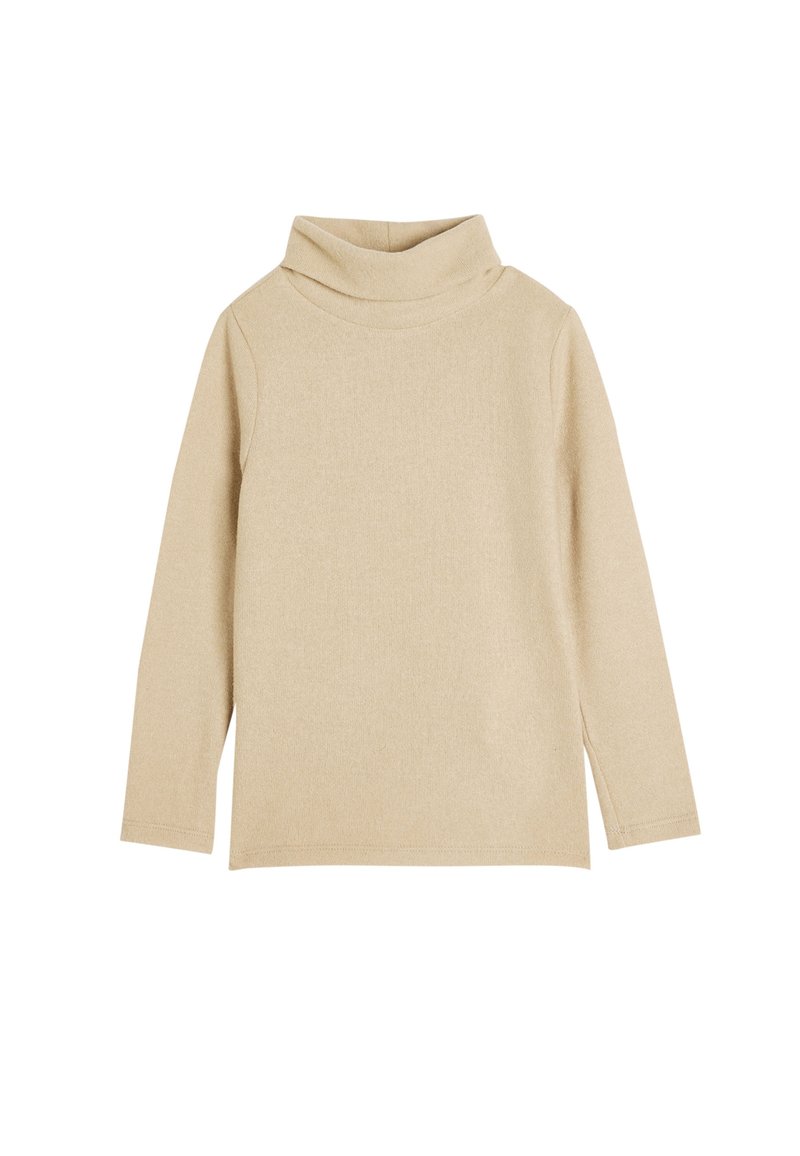 Beige pusero turtleneck valmistettu pehmeästä, teksturoidusta kankaasta. Siinä on pitkät hihat ja rento istuvuus taitetulla kauluksella. Yksinkertainen muotoilu.