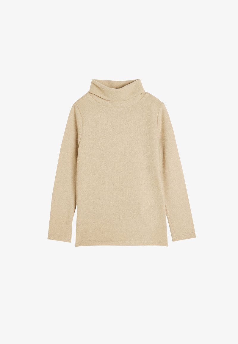 Haut à col roulé beige en tissu doux et texturé. Présente des manches longues et une coupe décontractée avec un col replié. Design uni.