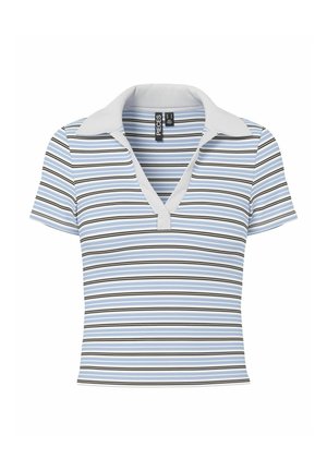 Lühikeste varrukatega polo särk helesinises värvitoonis, millel on erineva laiusega horisontaalsed triibud. Omab pehmet, heledat halli kraed ja sügavat V-kaelust.