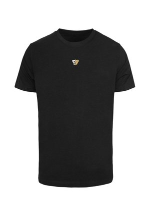 Svart bomull t-shirt med en liten grafisk bild av en panda och en björn sida vid sida på bröstet, rund halsdesign.