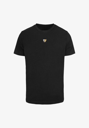 Fekete pamut póló, melyen egy kis grafika látható egy pandáról és egy medvéről, amint egymás mellett állnak a mellrészen, kerek nyakkivágással.