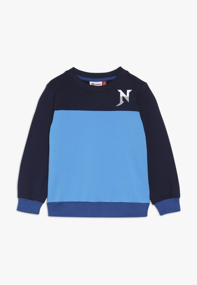 Sweatshirt à manches longues pour enfants avec des manches et un haut de poitrine bleu marine, un milieu bleu clair et un "N" stylisé blanc sur la poitrine.