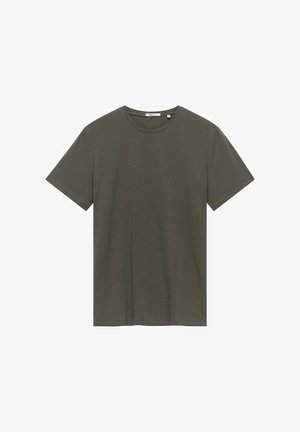 Oliven grøn bomulds t-shirt med korte ærmer, rund hals og en glat tekstur. Ingen mønstre eller yderligere detaljer er til stede.