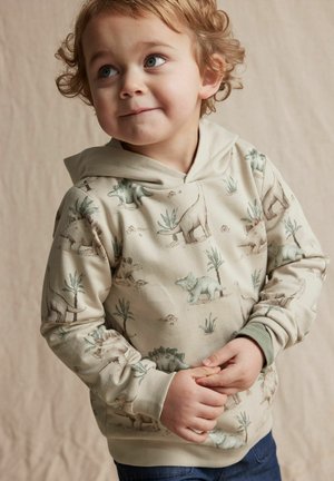 Sweat à capuche beige avec un motif de dinosaure en vert et marron, avec des poignets côtelés et une poche kangourou à l'avant. Tissu doux en mélange de coton.