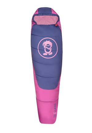 Kinderschlafsack im Mumienstil in Pink und Lila mit Kapuze und einem Cartoon-Monster-Logo mittig auf der Brust.