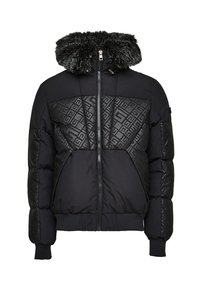 Giacca a piumino nera, caratterizzata da un motivo geometrico lucido sul petto, cappuccio in ecopelliccia e polsini elasticizzati all'orlo e alle maniche.