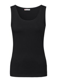 Top di cotone nero senza maniche, realizzato in materiale morbido, con scollatura rotonda. Nessun motivo o dettaglio hardware significativo presente.