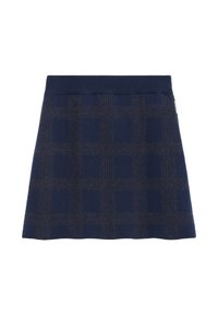 Marineblaue karierte Rock mit einem einfarbigen Bund, der ein strukturiertes Muster in helleren Farbtönen aufweist. A-Linie-Form, aus einem weichen, gemütlichen Stoff gefertigt.