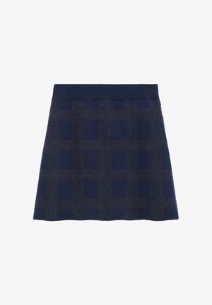 Marineblaue karierte Rock mit einem einfarbigen Bund, der ein strukturiertes Muster in helleren Farbtönen aufweist. A-Linie-Form, aus einem weichen, gemütlichen Stoff gefertigt.