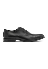 Pantofii eleganți din piele neagră, cu finisaj neted, vârf rotund, cinci găuri pentru șireturi și o cusătură subtilă pe lateral; talpă plată din cauciuc.