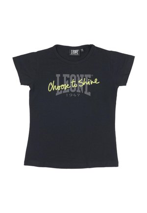 T-shirt noir à manches courtes, avec l’inscription grise LEONE 1947 et le texte jaune-vert « Choose to Shine » sur le devant.