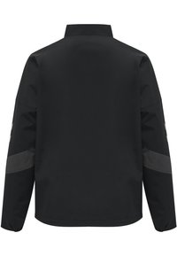 Schwarze Jacke aus leichtem Material, mit hohem Kragen, langen Ärmeln und matten grauen Akzenten auf den Schultern.
