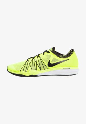 Neon yellow Nike running shoe with black laces, black swoosh logo, and white sole labeled Dual Fusion, side view on white background.