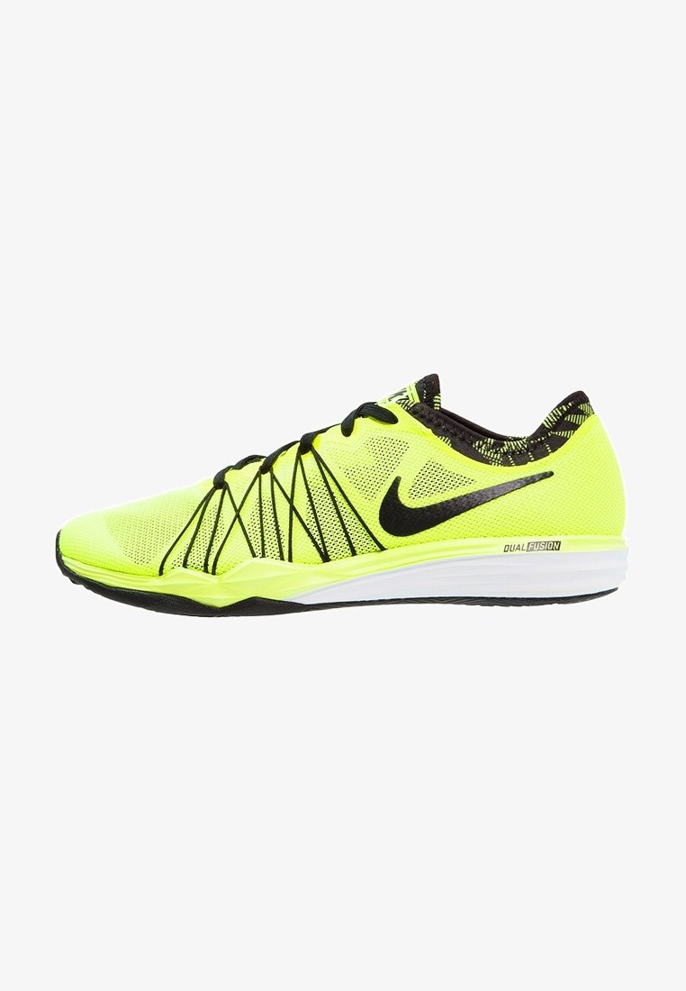 Neonově žlutá běžecká bota Nike s černými tkaničkami, černým logem swoosh a bílou podešví označenou Dual Fusion, boční pohled na bílém pozadí.