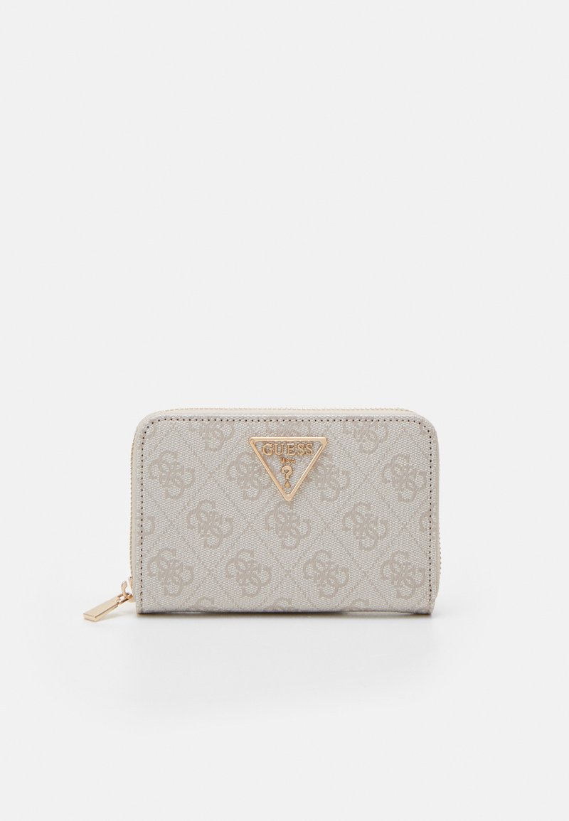 Light beige wallet with a textured design, featuring a triangle logo in gold hardware. Zip closure and a small keychain pull tab.