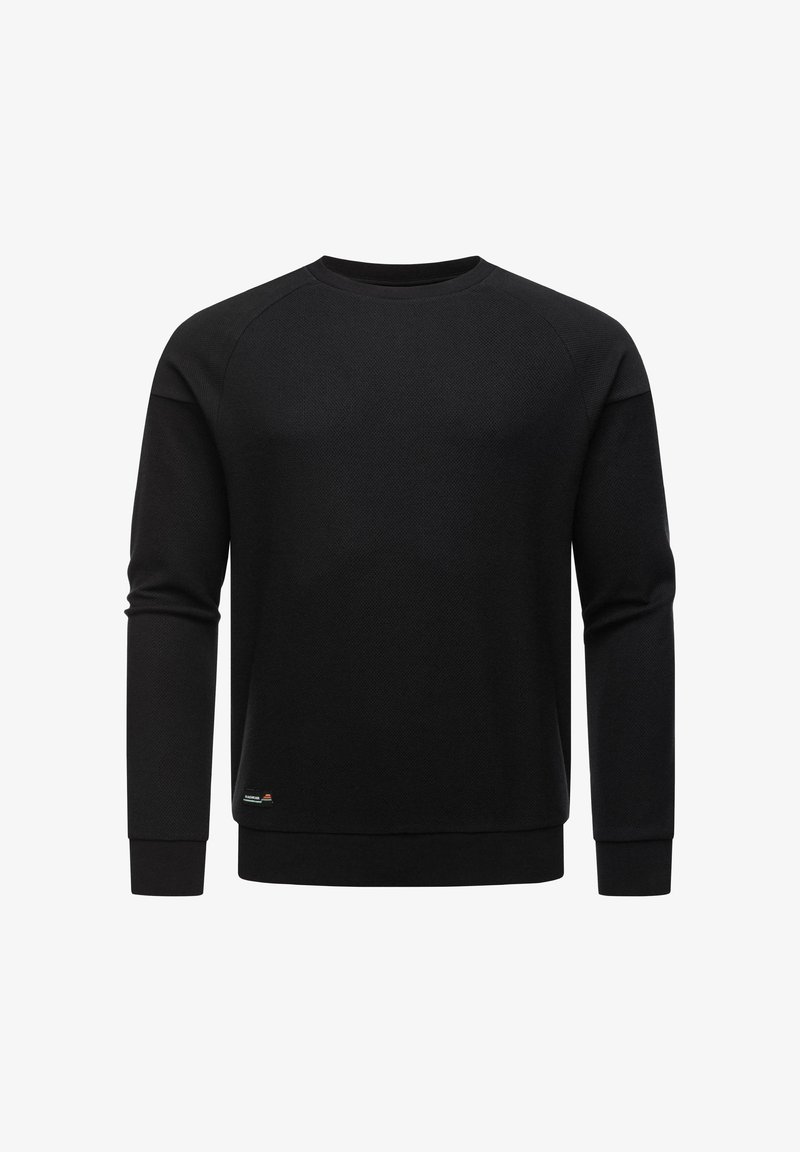 Fekete, hosszú ujjú pulóver, texturált kötött anyagból, bordázott mandzsettákkal és szegéllyel. Kis logó a bal alsó részen. Klasszikus kerek nyakkivágású dizájn.