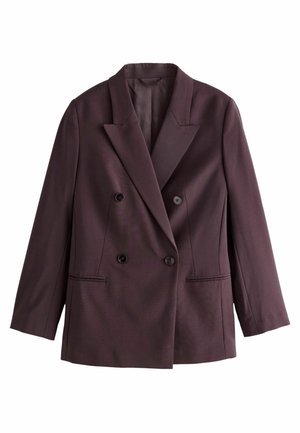 Dunkelpflaumenfarbener, doppelt geknöpfter Blazer aus Stoff. Mit Reverskragen, zwei schwarzen Knöpfen und Seitentaschen im strukturierten Schnitt.