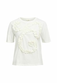 Vit bomulls t-shirt med rynkad tygdetalj i en stor slingrande bokstavsform över framsidan. Korta ärmar, rund halsringning.