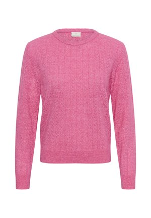 Suéter rosa de punto con mangas largas, cuello redondo y patrón texturizado que presenta canalé vertical y formas de diamante.