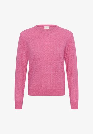 Suéter rosa de punto con mangas largas, cuello redondo y patrón texturizado que presenta canalé vertical y formas de diamante.