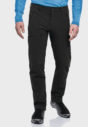 Schwarze Softshell-Hosen im Slim-Fit, ausgestattet mit Reißverschlusstaschen, einer glatten Textur und verstärkten Knien für Langlebigkeit.