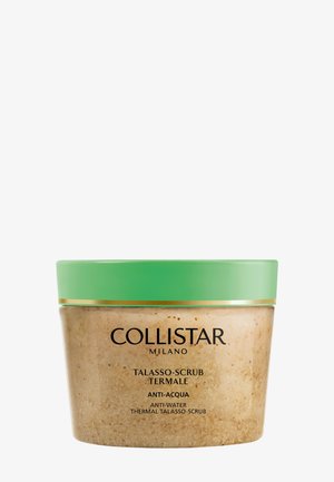 Collistar Milano Thermo-Talasso-Scrub mit grünem Deckel, beigem strukturiertem Peeling sichtbar im transparenten Behälter, mit Aufschrift Anti-Wasser-Formel.