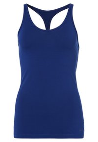 Niebieski sportowy top na ramiączkach z tylnym wycięciem, wykonany z gładkiego, elastycznego materiału. Zawiera subtelne logo marki na końcu.