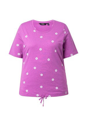 Purple short-sleeve T-shirt with white daisy prints and a drawstring tie at the bottom hem.