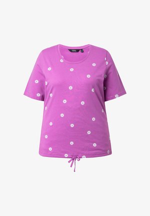 Purple short-sleeve T-shirt with white daisy prints and a drawstring tie at the bottom hem.