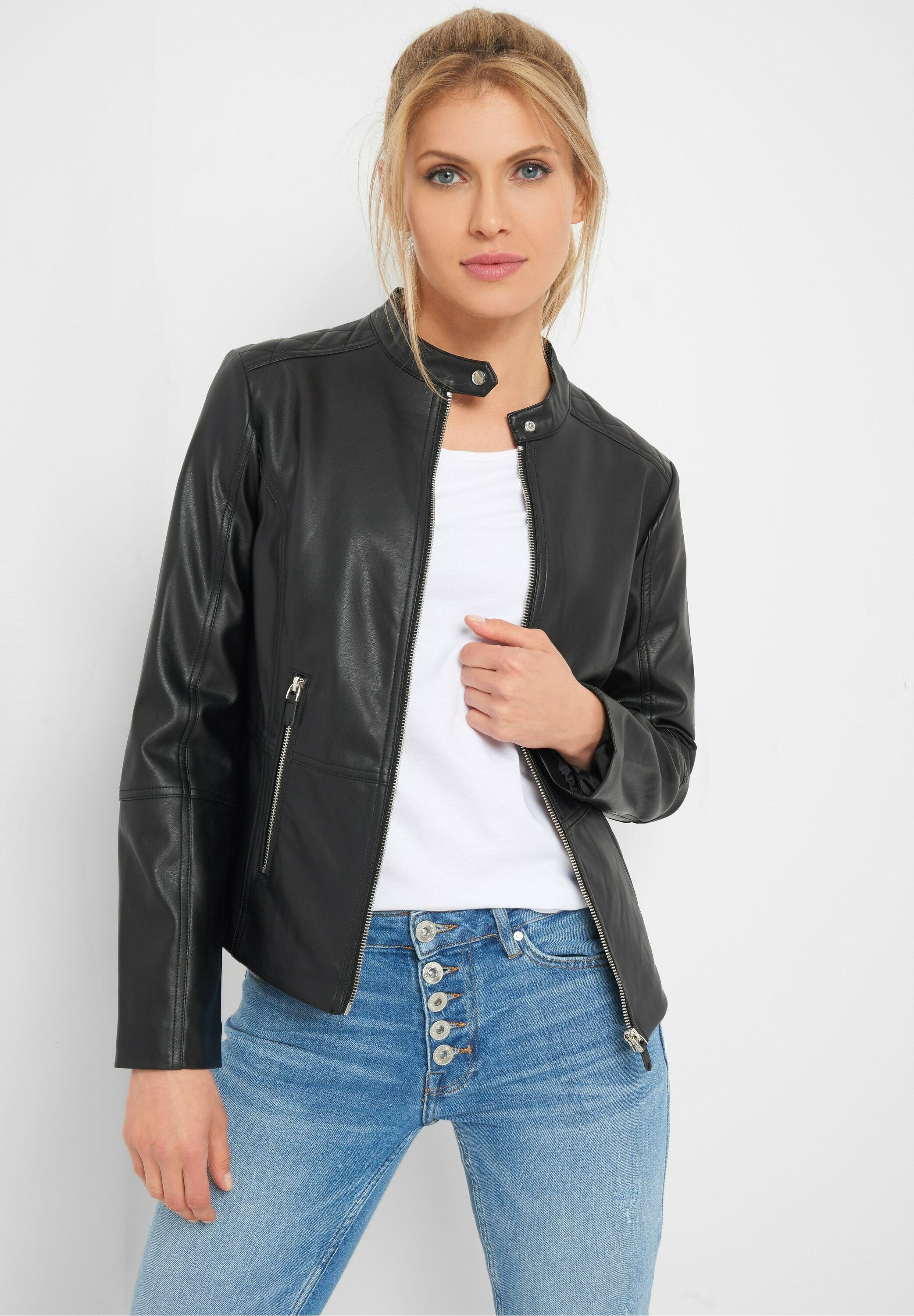 black collarless faux leather jacket