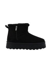 Bottine noire avec doublure en fausse fourrure, zip latéral, languette de tirage et semelle épaisse texturée.