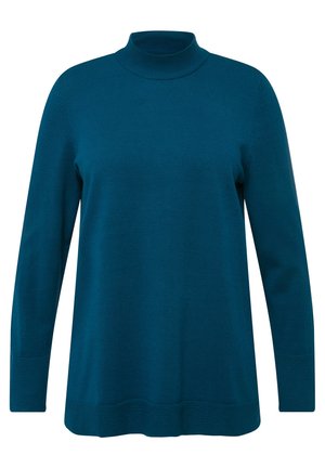 Turkusowy sweter typu golf z miękkiej dzianiny. Posiada długie rękawy, luźny krój oraz ściągacze na dekolcie i hemie.