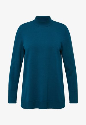 Turkusowy sweter typu golf z miękkiej dzianiny. Posiada długie rękawy, luźny krój oraz ściągacze na dekolcie i hemie.