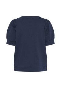 Navy blue short-sleeved top with a relaxed fit, rounded neckline, and puffed sleeves. Smooth texture with a simple, clean design.