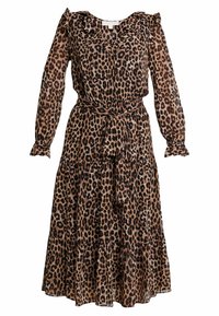 Robe longue en imprimé léopard avec des manches longues, col et poignets à volants, taille élastique et ceinture en tissu nouée à la taille.