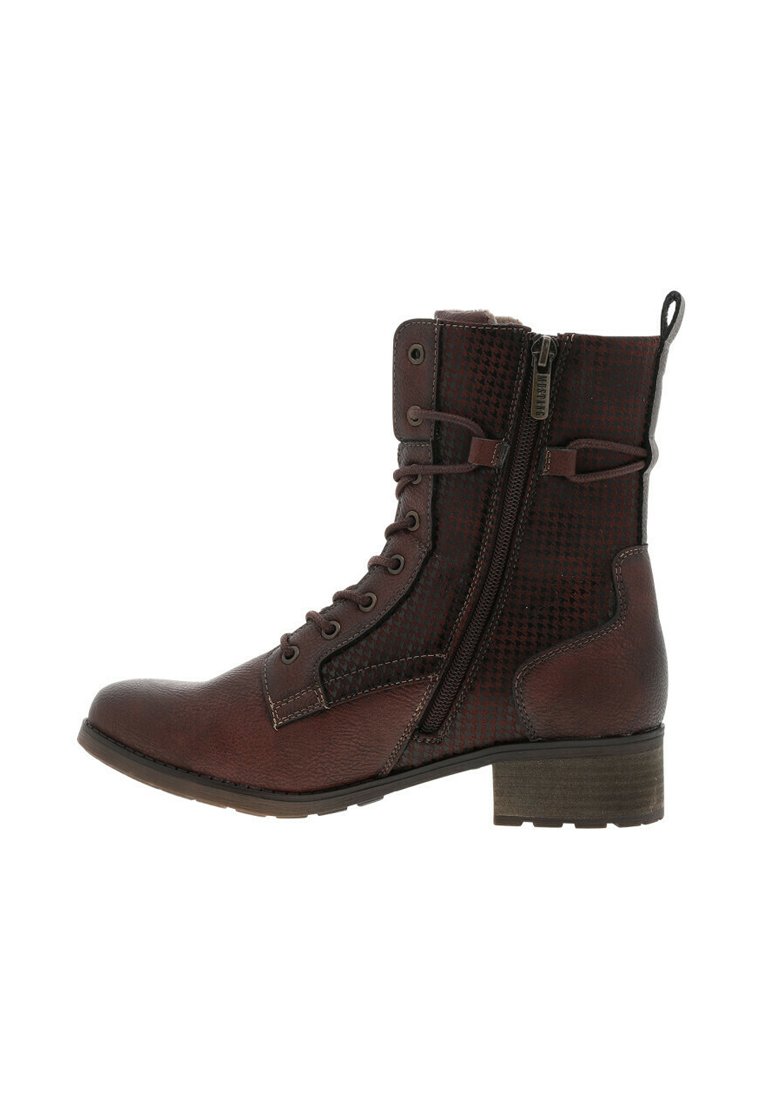Bottines en cuir marron avec un design texturé, un laçage sur le devant, une fermeture éclair sur le côté et un petit talon carré.