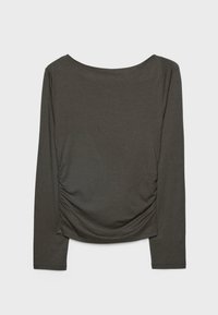 Langærmet top i mørkegrå stof med rund halsudskæring og ruching i siden. Blød tekstur med tætsiddende design og lange ærmer.