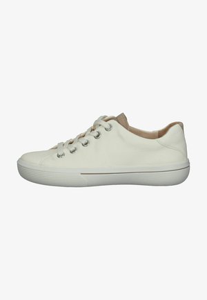 Weiße Leder-Sneaker, runde Spitze, Schnürung mit sechs Ösen, strukturierte Gummisohle, beigefarbene Akzente an der Ferse und Innenauskleidung.