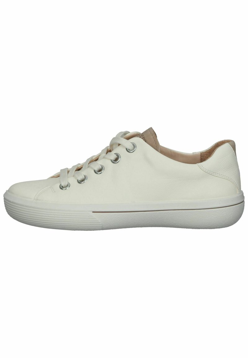 Sneaker in pelle bianca, punta arrotondata, chiusura con lacci a sei occhielli, suola in gomma texturizzata, accenti beige sul tallone e sulla fodera interna.