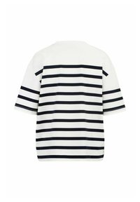 Marineblau und weiße gestreifte Kurzarm-T-Shirt mit lockerer Passform und Rundhalsausschnitt. Der Stoff wirkt glatt und leicht. Keine bemerkbaren Verzierungen.