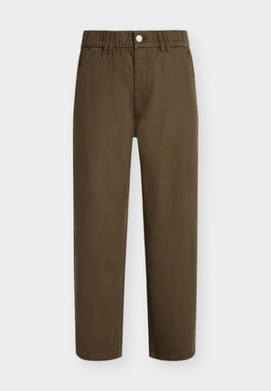 Straight-leg olive green pants with button and zipper closure, belt loops, and side pockets, displayed against a plain background.