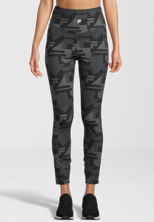 Leggings neri con un motivo geometrico grigio, vita alta, tessuto elastico e un design elegante e aderente. Adatti per abbigliamento sportivo.