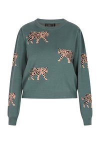 Pulover verde tricotat cu un design scurt și mâneci lungi, împodobit cu modele repetate de tigri roz și negri.