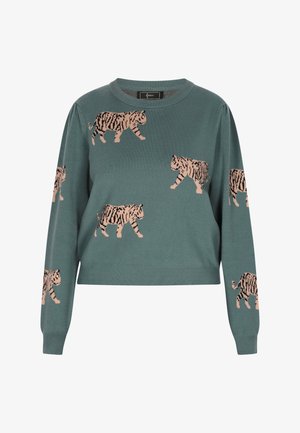 Zaļa adīta džemperis ar īsu dizainu un garām piedurknēm, rotāts ar atkārtojošiem rozā un melnā tīģera rakstiem.