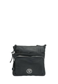 Borsa a tracolla nera in nylon con tasca frontale con zip, tracolla regolabile e distintivo rotondo. Texture liscia con una lucentezza sottile.